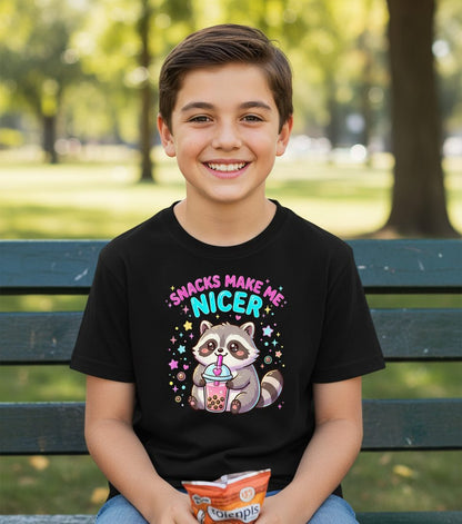 SNACKS MAKE ME NICER Funny Raccoon Youth T-Shirt - lifestyle model mockup - Black
