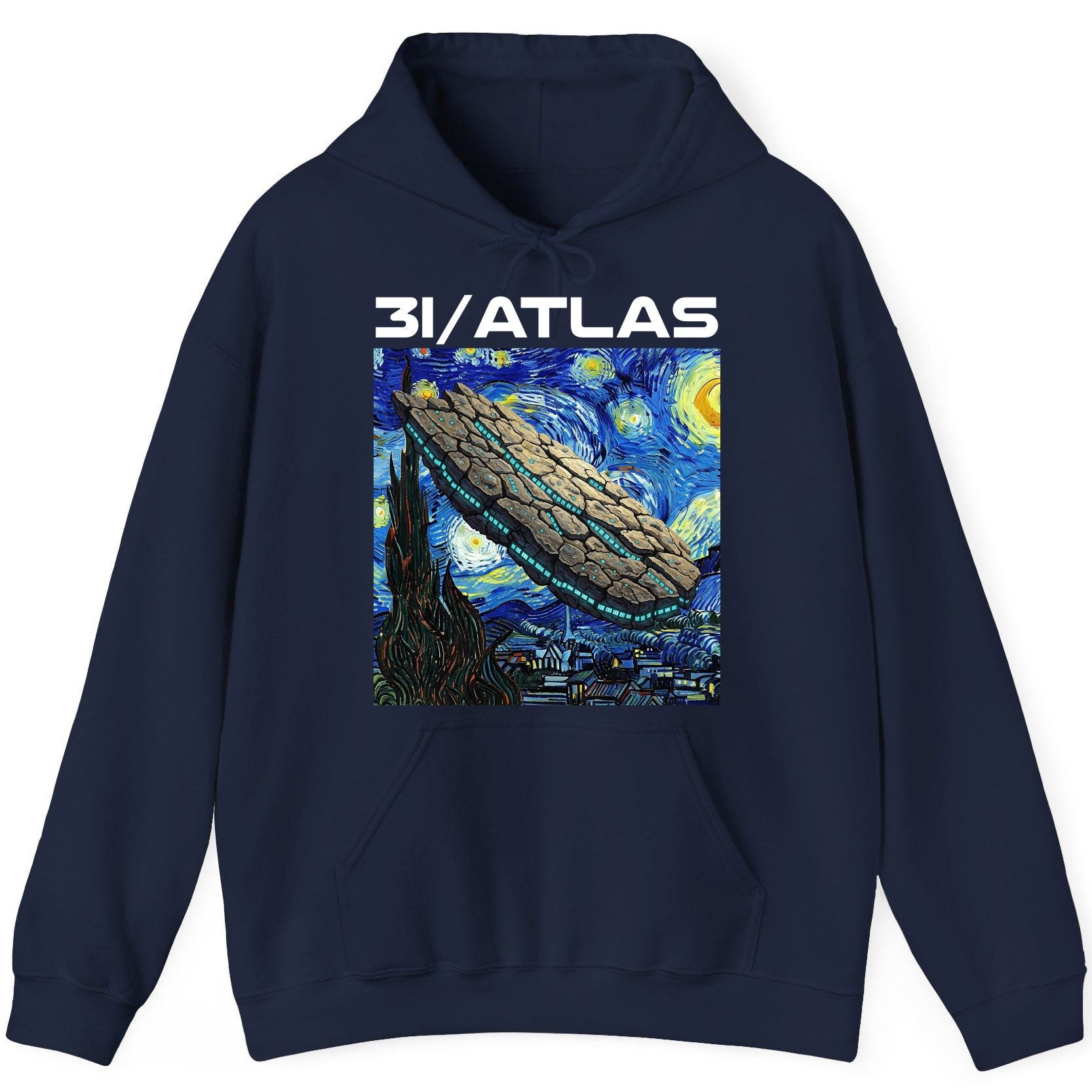 31 Atlas van gogh sci-fi mashup Hoodie Navy product mockup