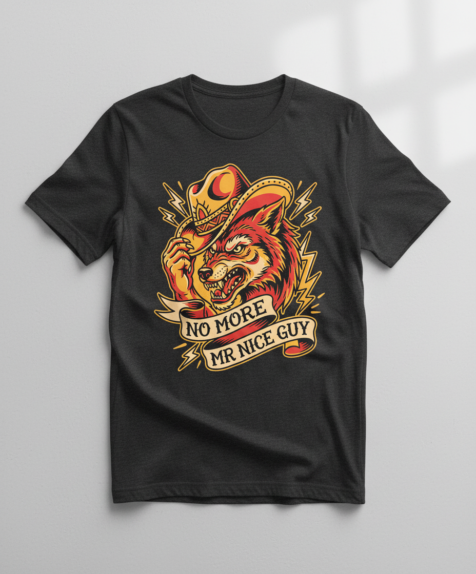No More Mr Nice Guy Wolf Cowboy Tattoo Art T-Shirt - Dark Heather