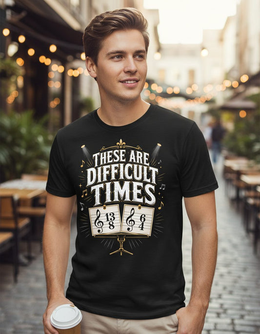 THESE ARE Difficult TIMES Funny Music Humor T-Shirt - lifestyle model mockup - Black