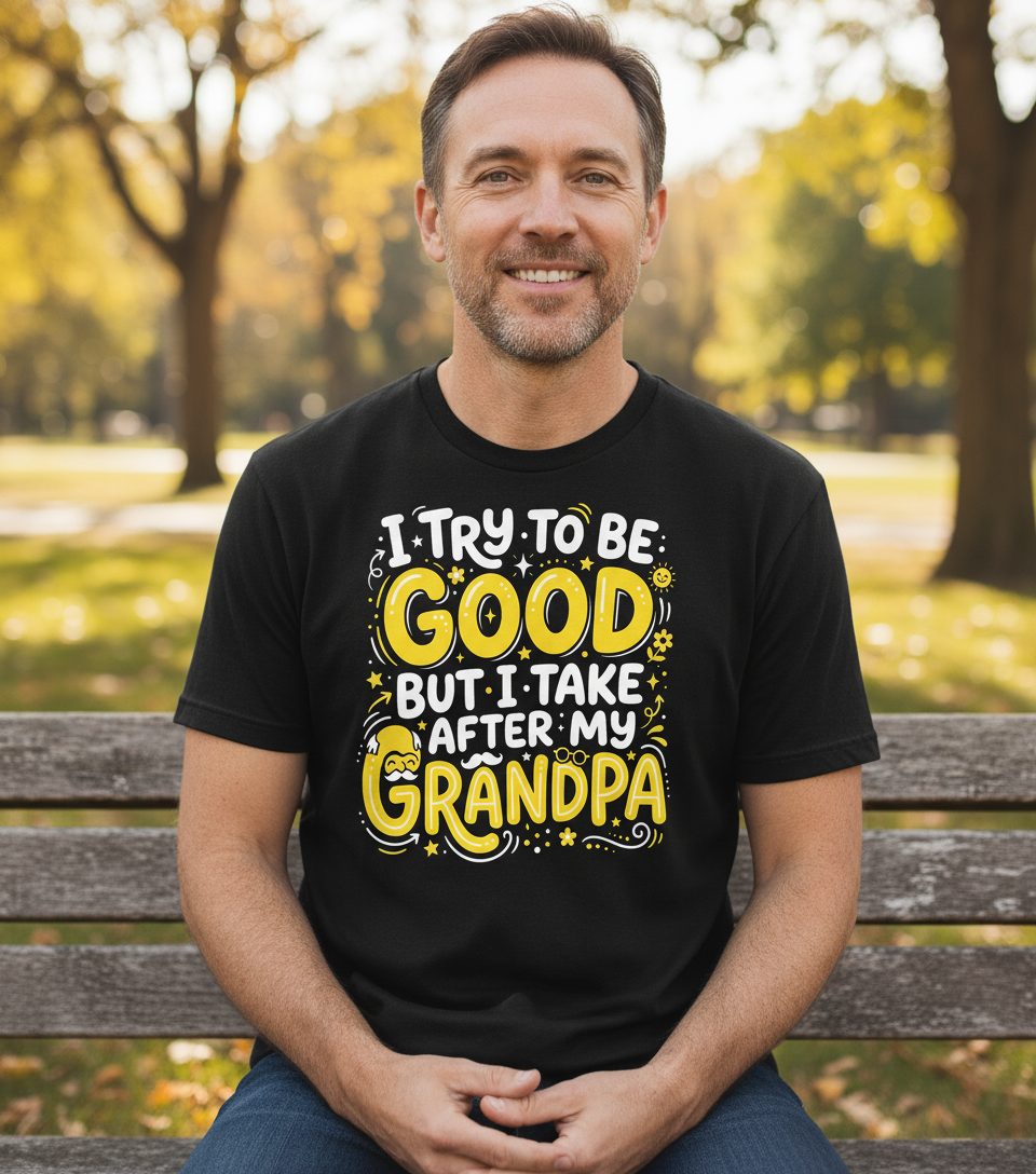 I TRY TO BE GOOD BUT I TAKE AFTER MY Grandpa T-Shirt - lifestyle model mockup - Black