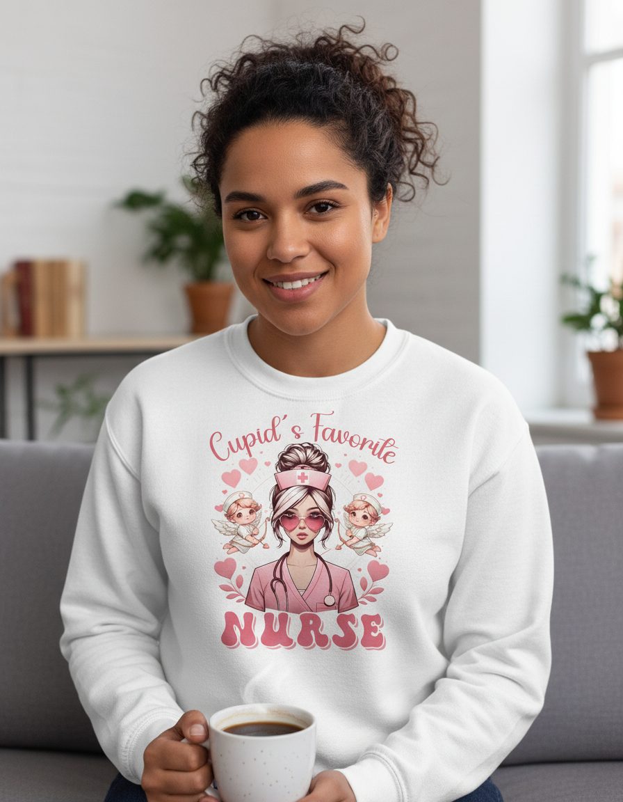 Cupid's Favorite Nurse nurse Sweatshirt White lifestyle mockup