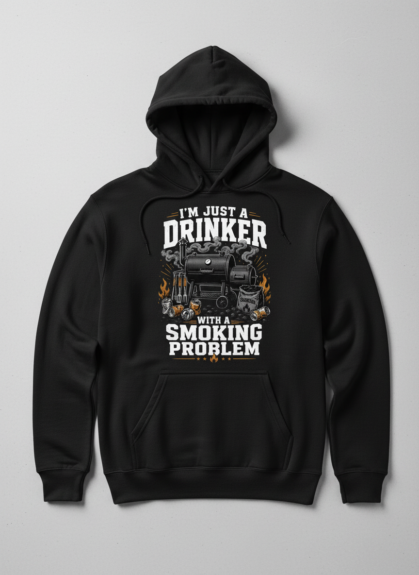I'M JUST A DRINKER WITH A SMOKING PROBLEM Funny Drinker With A Smoking Problem BBQ Hoodie - product mockup - Black