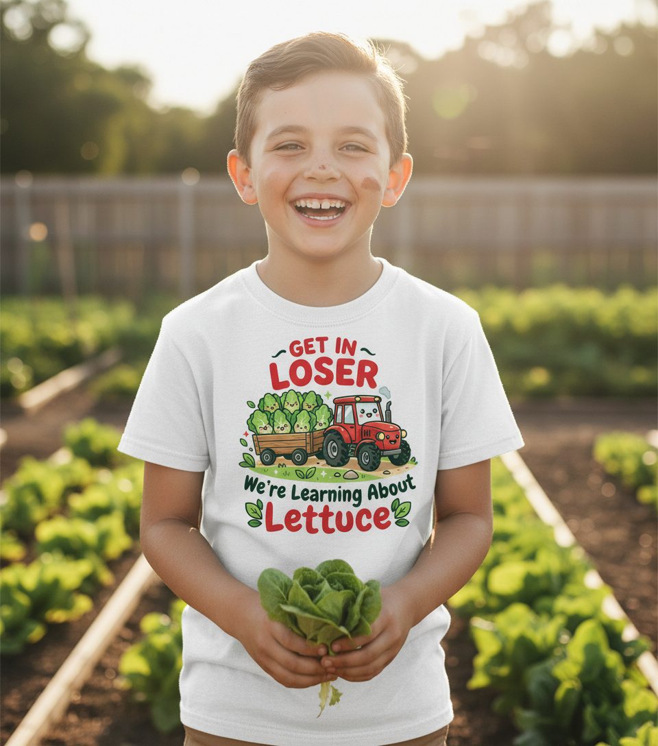 GET IN LOSER We're Learning About Lettuce Funny Farming Youth T-Shirt - lifestyle model mockup - White