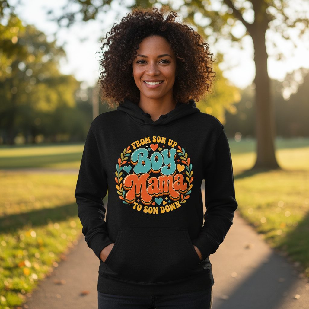 From Son Up to Son Down Boy Mama Retro Mothers of Sons Hoodie - lifestyle model mockup - Black