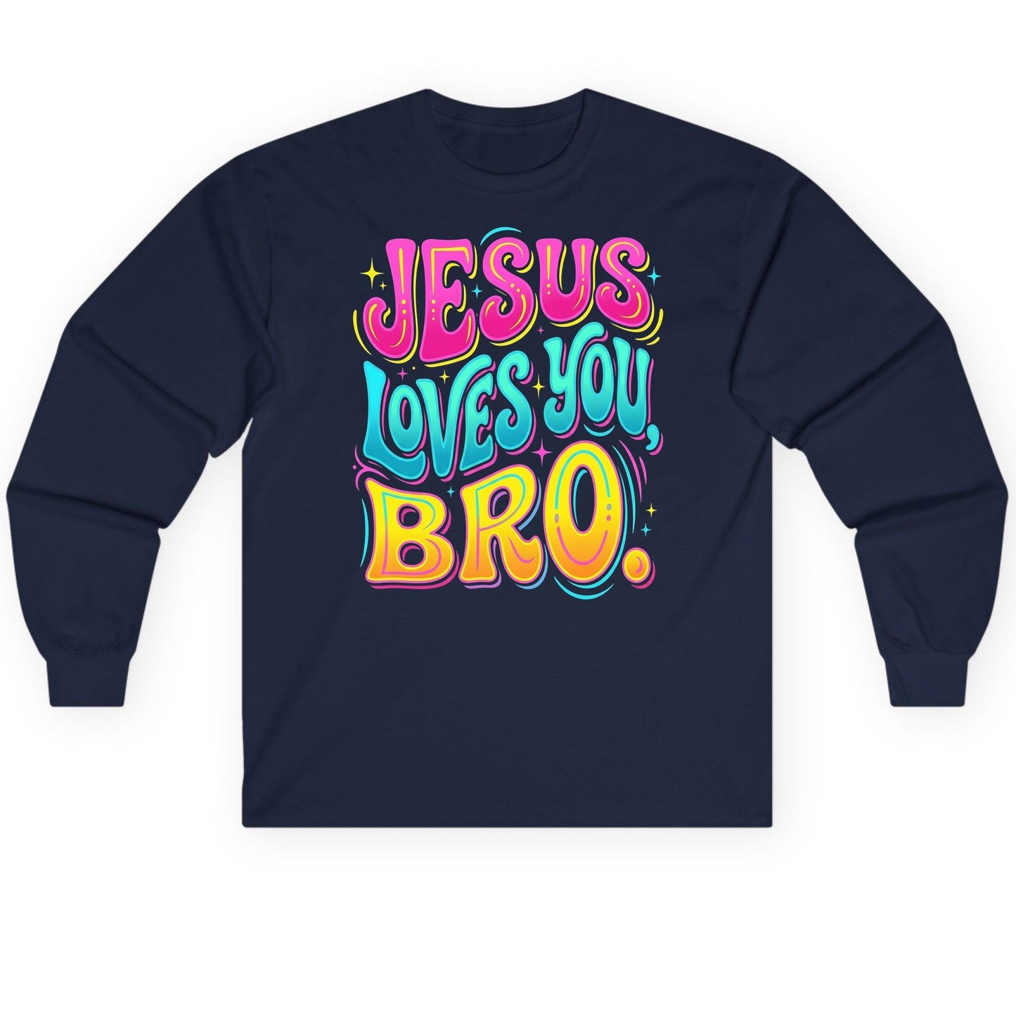 JESUS LOVES YOU BRO Retro Christian Long Sleeve Tee - product mockup - Navy