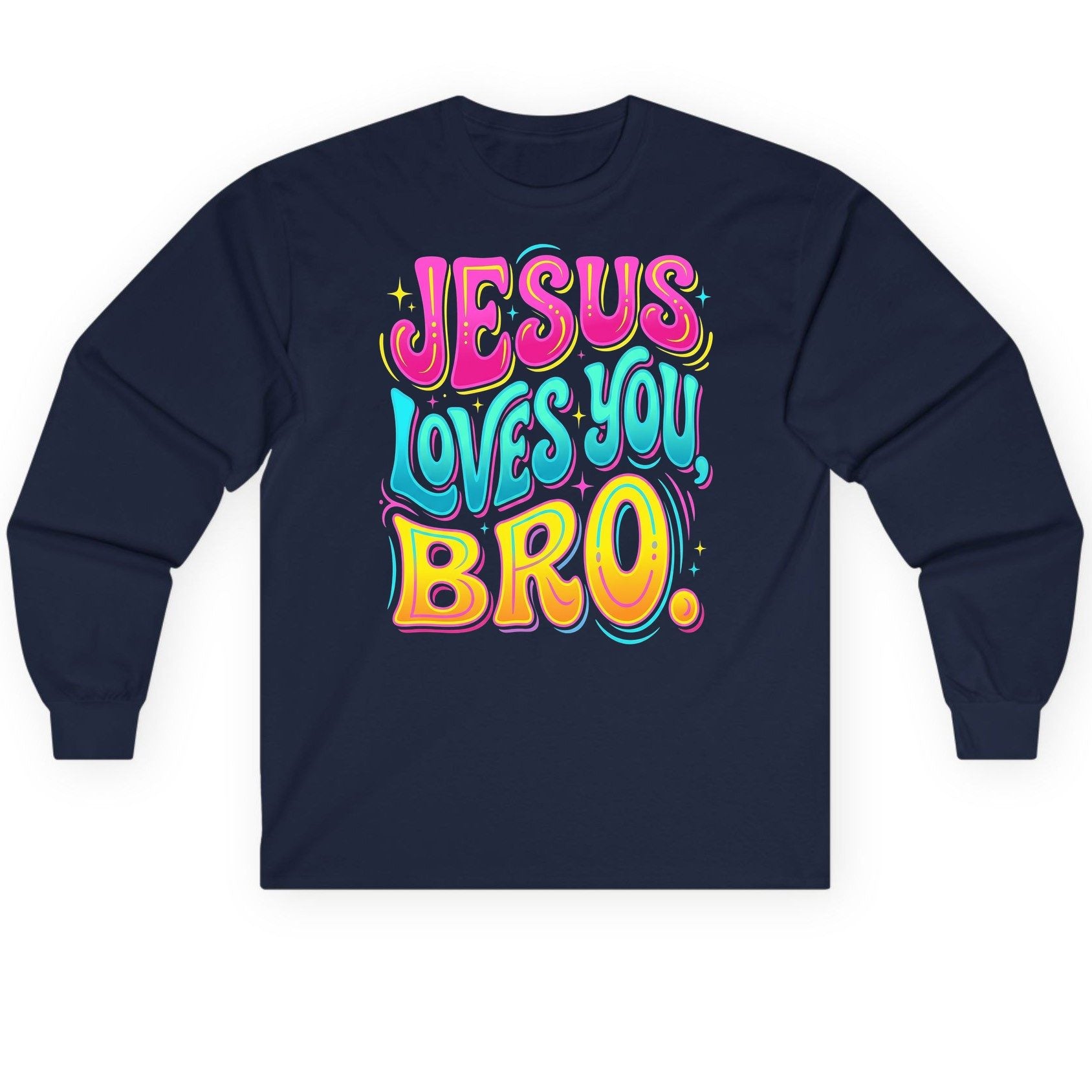 JESUS LOVES YOU BRO Retro Christian Long Sleeve Tee - product mockup - Navy
