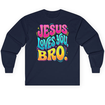 JESUS LOVES YOU BRO Retro Christian Long Sleeve Tee - product mockup - Navy