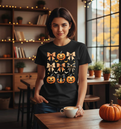 Cute Halloween Pumpkins and Bows Halloween T-Shirt Black lifestyle mockup