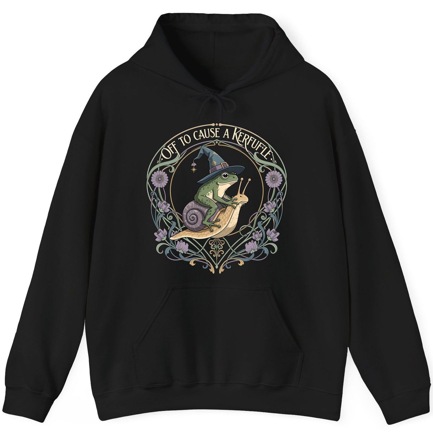 Off to Cause a Kerfuffle frog riding a snail Hoodie Black product mockup