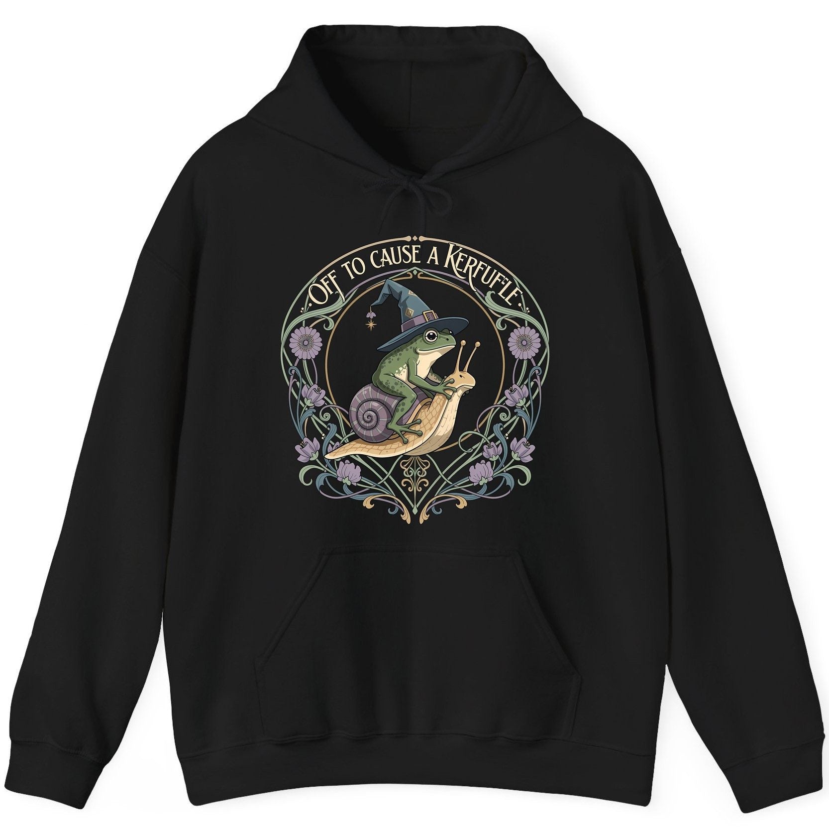 Off to Cause a Kerfuffle frog riding a snail Hoodie Black product mockup