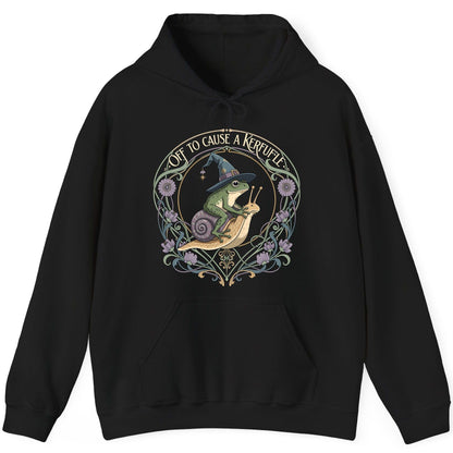 Off to Cause a Kerfuffle frog riding a snail Hoodie Black product mockup