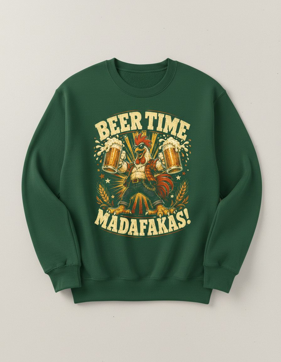 Beer Time Madafakas Funny Rooster Sweatshirt - product mockup - Forest Green
