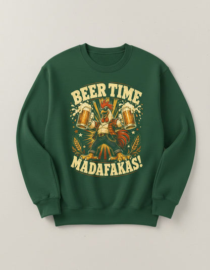 Beer Time Madafakas Funny Rooster Sweatshirt - product mockup - Forest Green