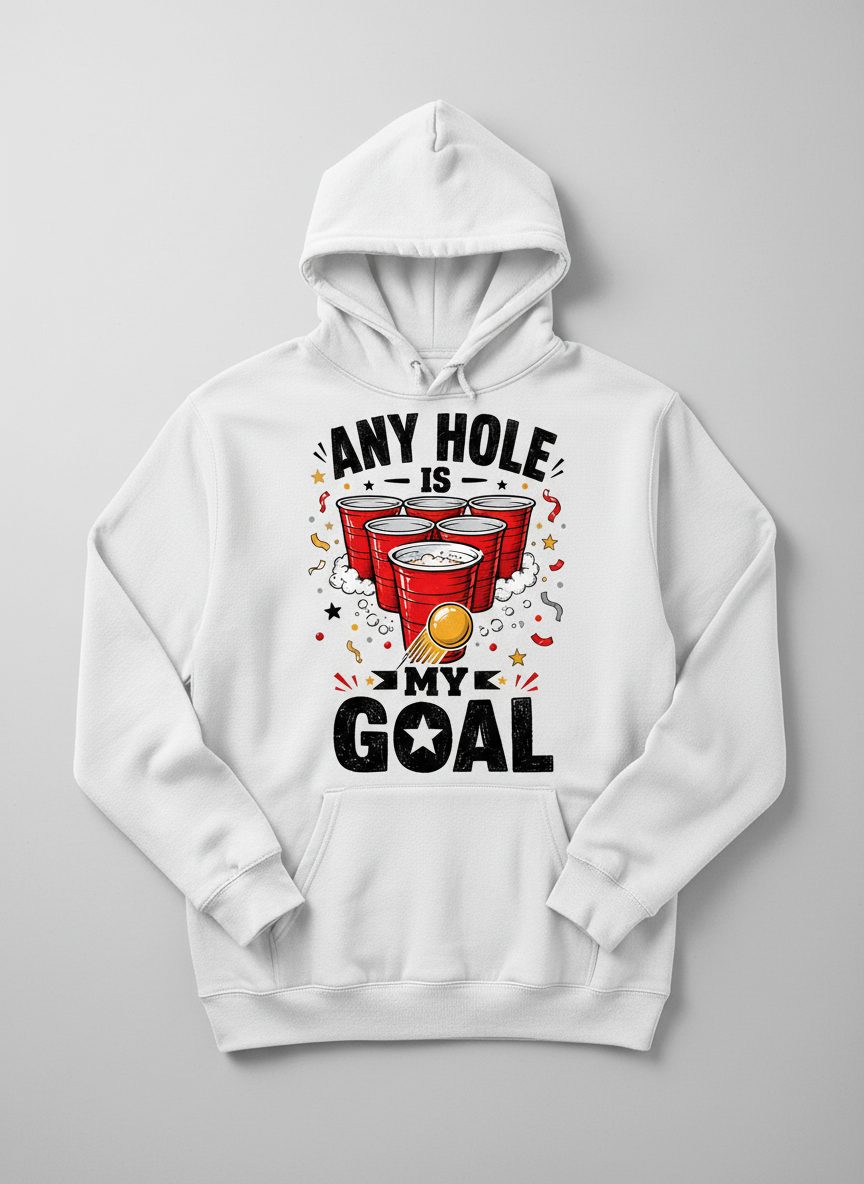 Any Hole Is My Goal Funny Beer Pong Hoodie - product mockup - White