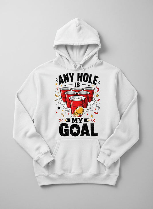Any Hole Is My Goal Funny Beer Pong Hoodie - product mockup - White