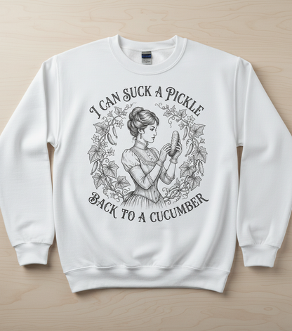 Vintage Victorian "I Can Suck a Pickle Back to a Cucumber" Design Sweatshirt - White