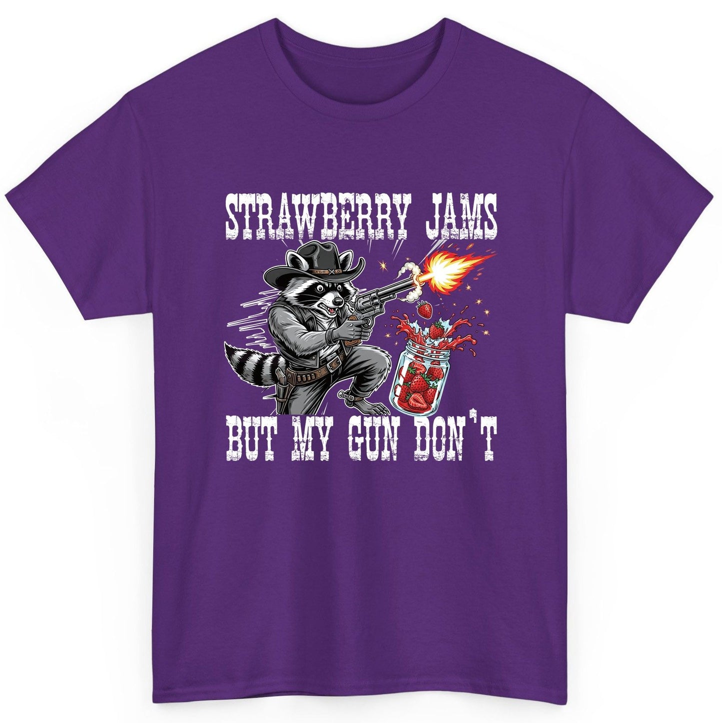 Strawberry Jams but My Gun Don't raccoon T-Shirt Purple product mockup