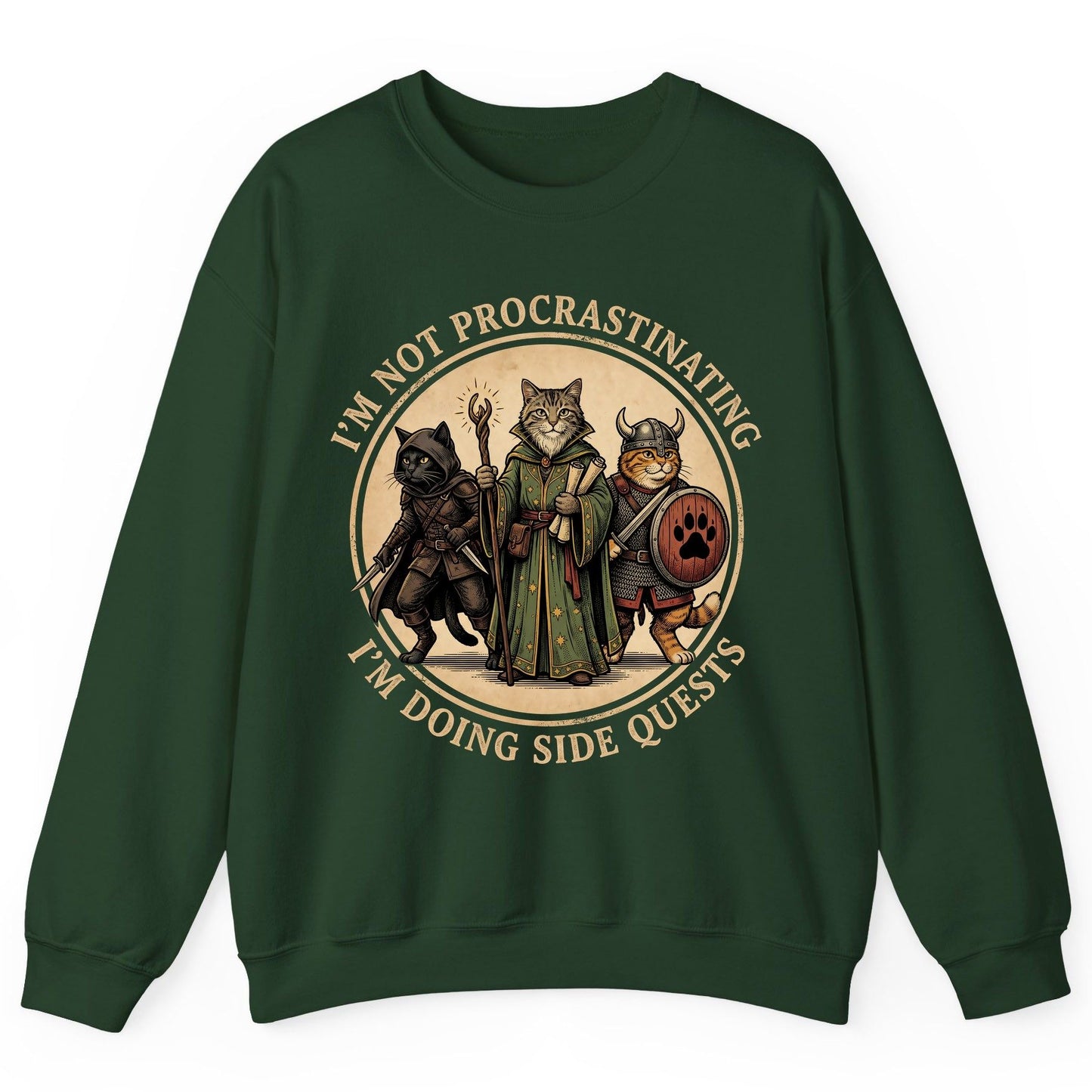 I'm Not Procrastinating I'm Doing Side Quests rpg cats Sweatshirt Forest Green product mockup