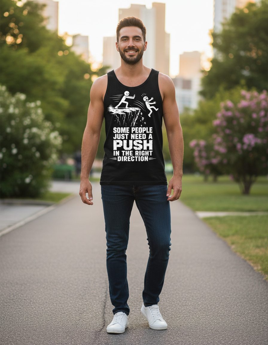 Some People Just Need a Push in the Right Direction Funny Dark Humor Tank Top - lifestyle model mockup - Black