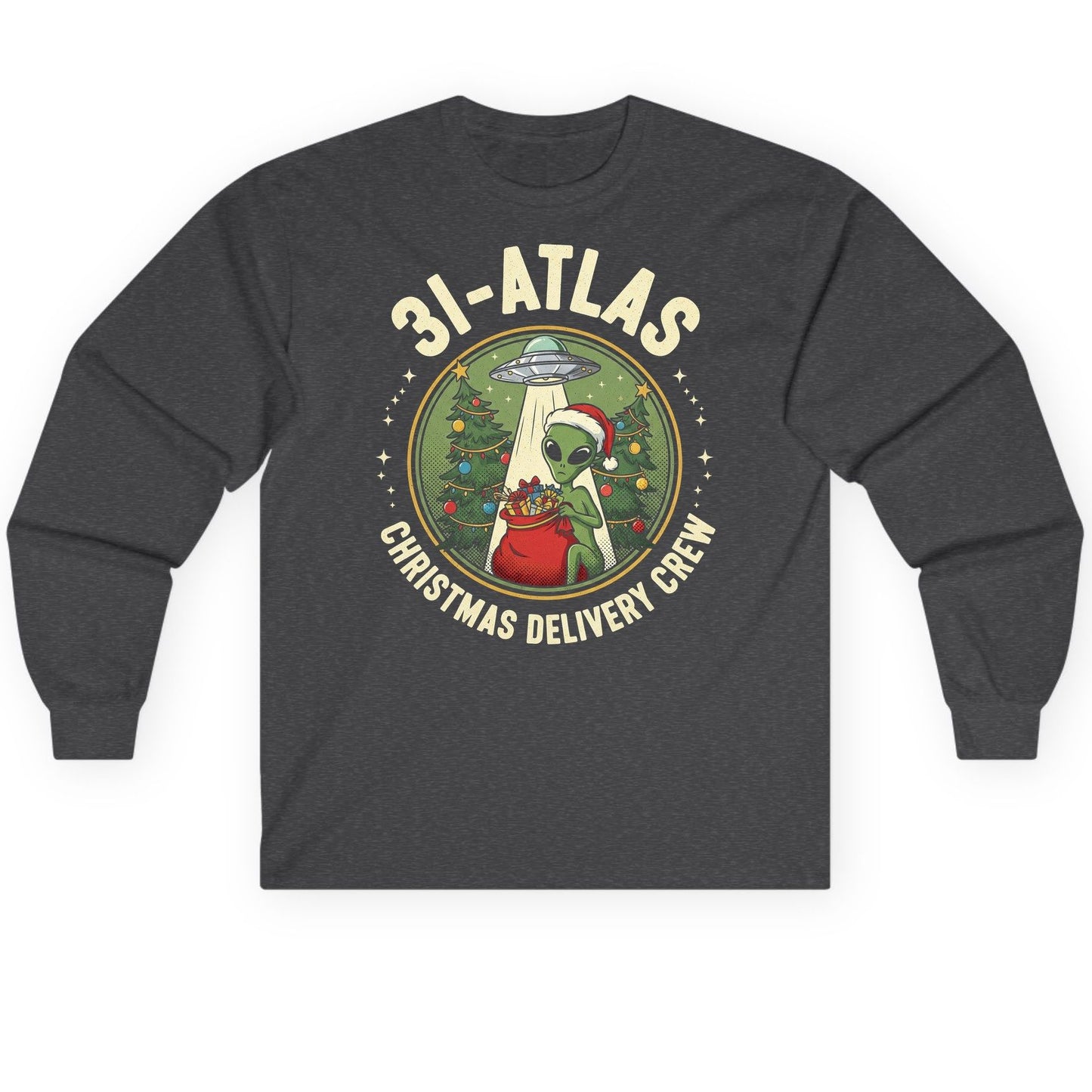 31-Atlas Christmas Delivery Crew alien Christmas Long Sleeve Tee Dark Heather product mockup