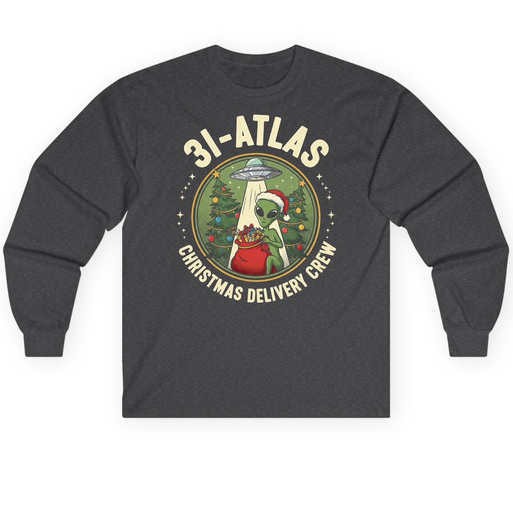 31-Atlas Christmas Delivery Crew alien Christmas Long Sleeve Tee Dark Heather product mockup