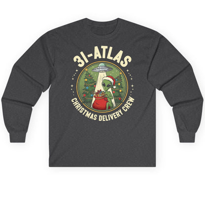 31-Atlas Christmas Delivery Crew alien Christmas Long Sleeve Tee Dark Heather product mockup
