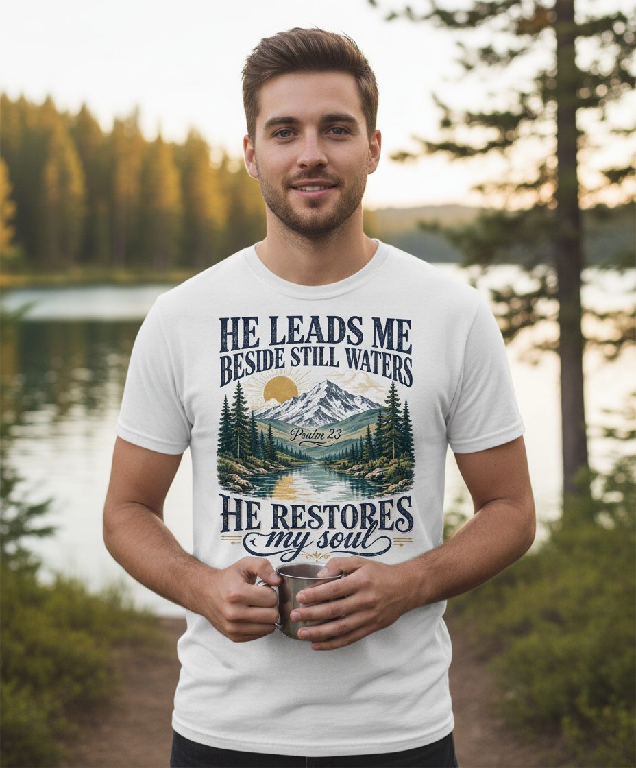 He Leads Me Beside Still Waters He Restores My Soul T-Shirt - lifestyle model mockup - White