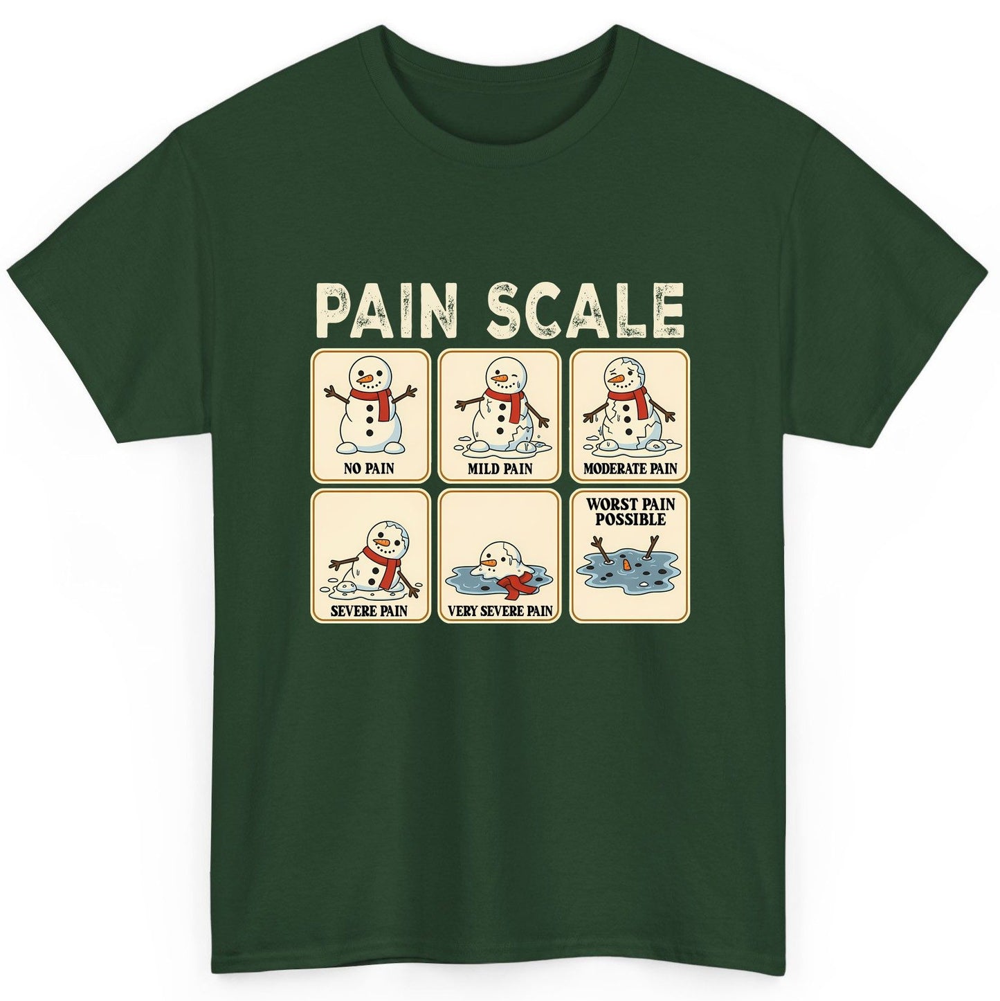 Pain Scale No Pain Mild Pain Moderate Pain Severe Pain Very Severe Pain Worst Pain Possible snowman T-Shirt Forest Green