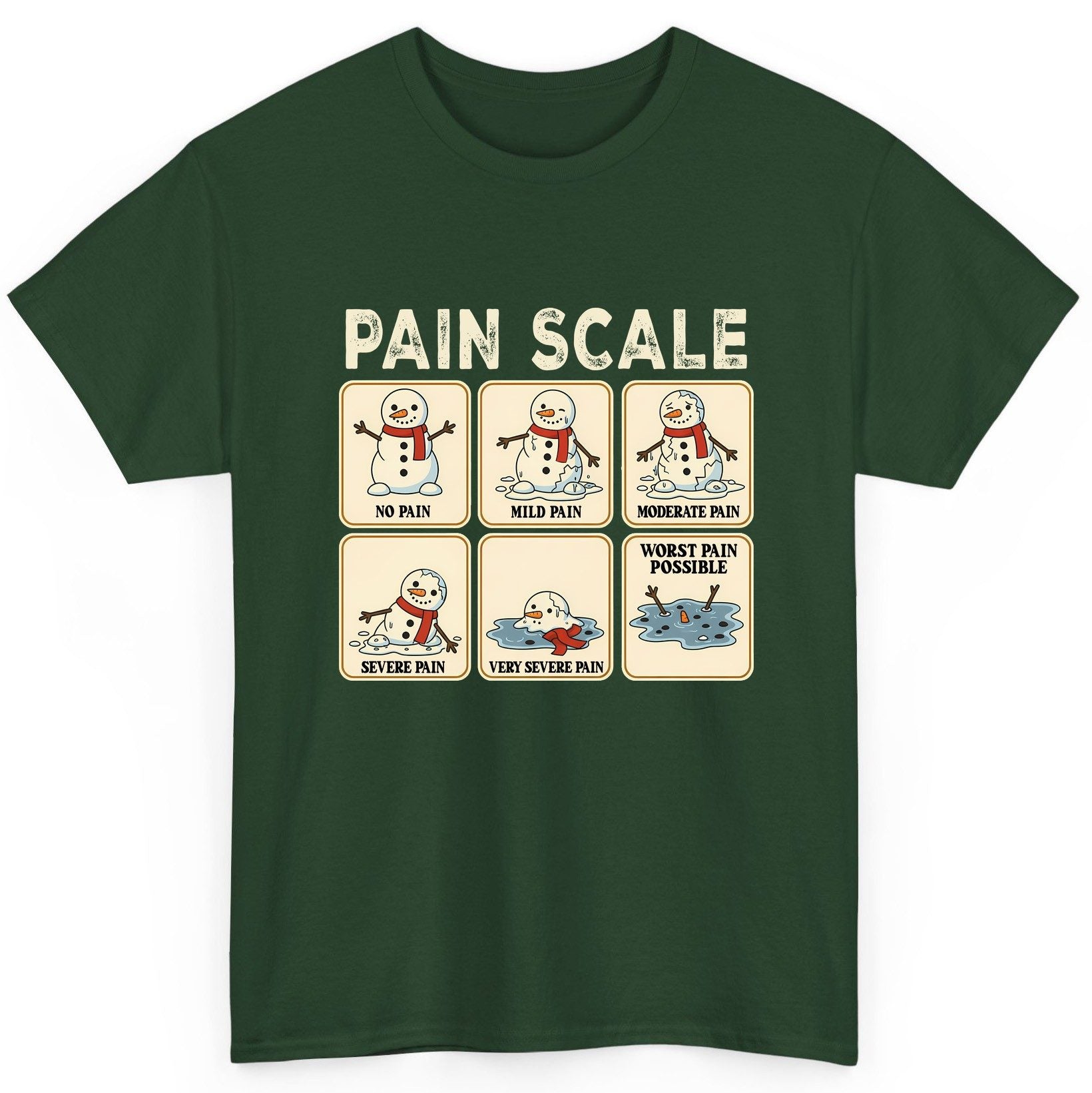 Pain Scale No Pain Mild Pain Moderate Pain Severe Pain Very Severe Pain Worst Pain Possible snowman T-Shirt Forest Green
