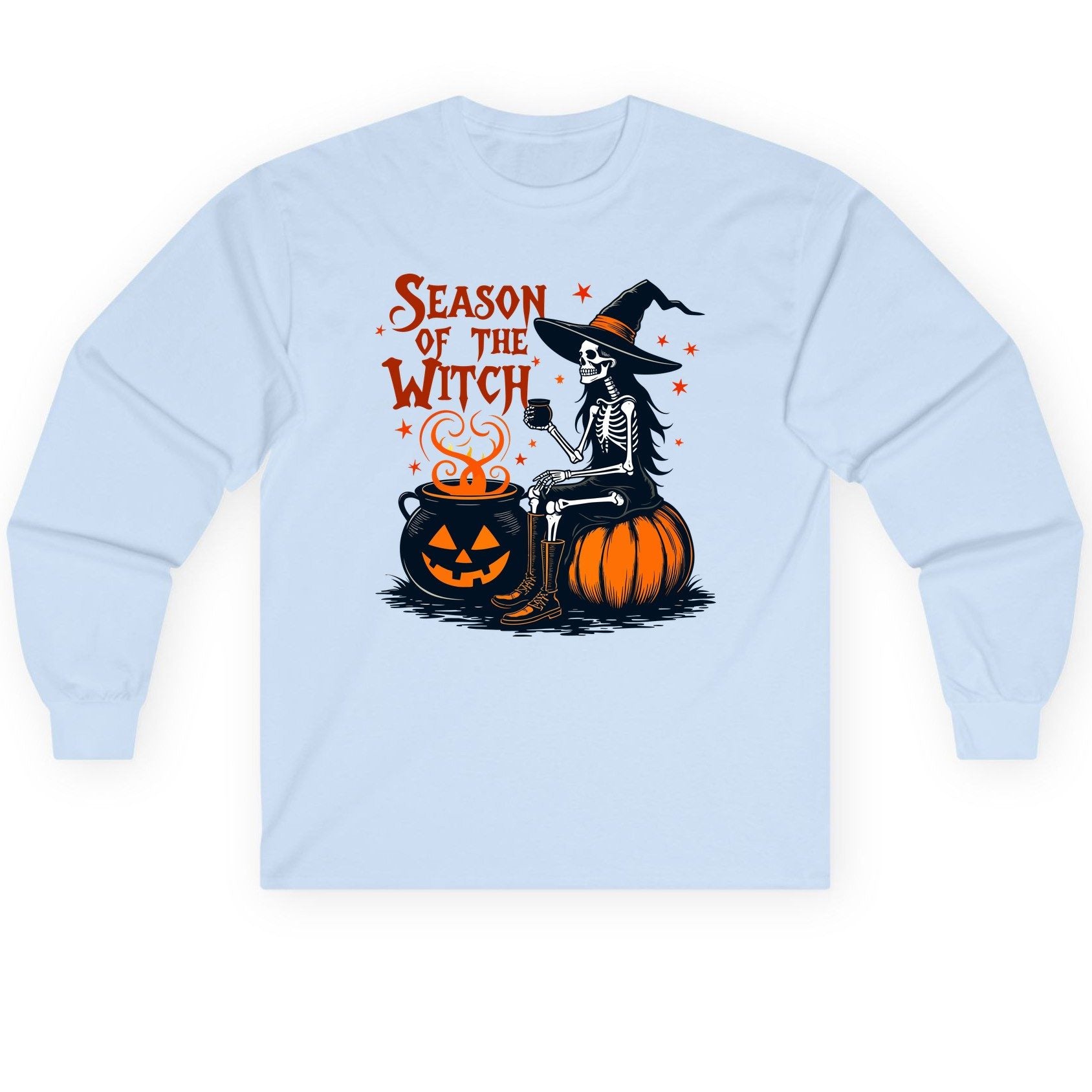 Season of the Witch skeleton witch Long Sleeve Tee Light Blue product mockup