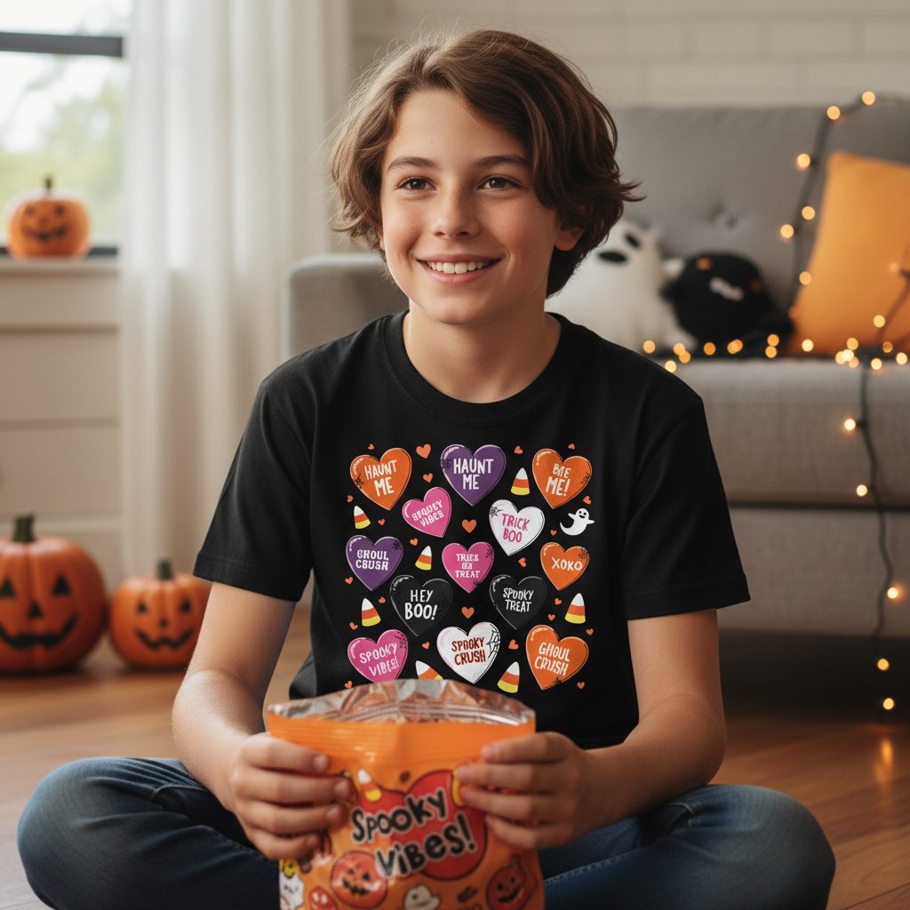 Spooky Halloween Conversation Hearts Halloween conversation hearts Youth T-Shirt Black lifestyle mockup