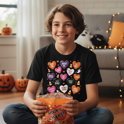Spooky Halloween Conversation Hearts Halloween conversation hearts Youth T-Shirt Black lifestyle mockup