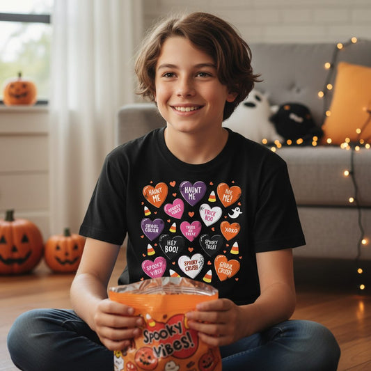 Spooky Halloween Conversation Hearts Halloween conversation hearts Youth T-Shirt Black lifestyle mockup
