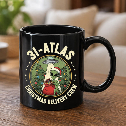 31-Atlas Christmas Delivery Crew alien Christmas Black Mug Black product mockup