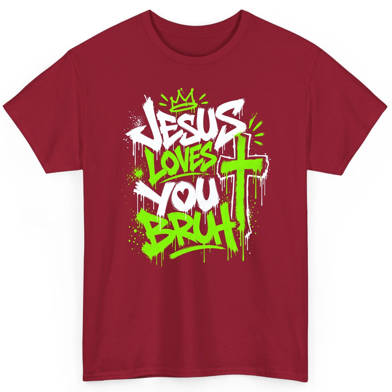 Jesus Loves You Bruh Christian T-Shirt - product mockup - Cardinal Red