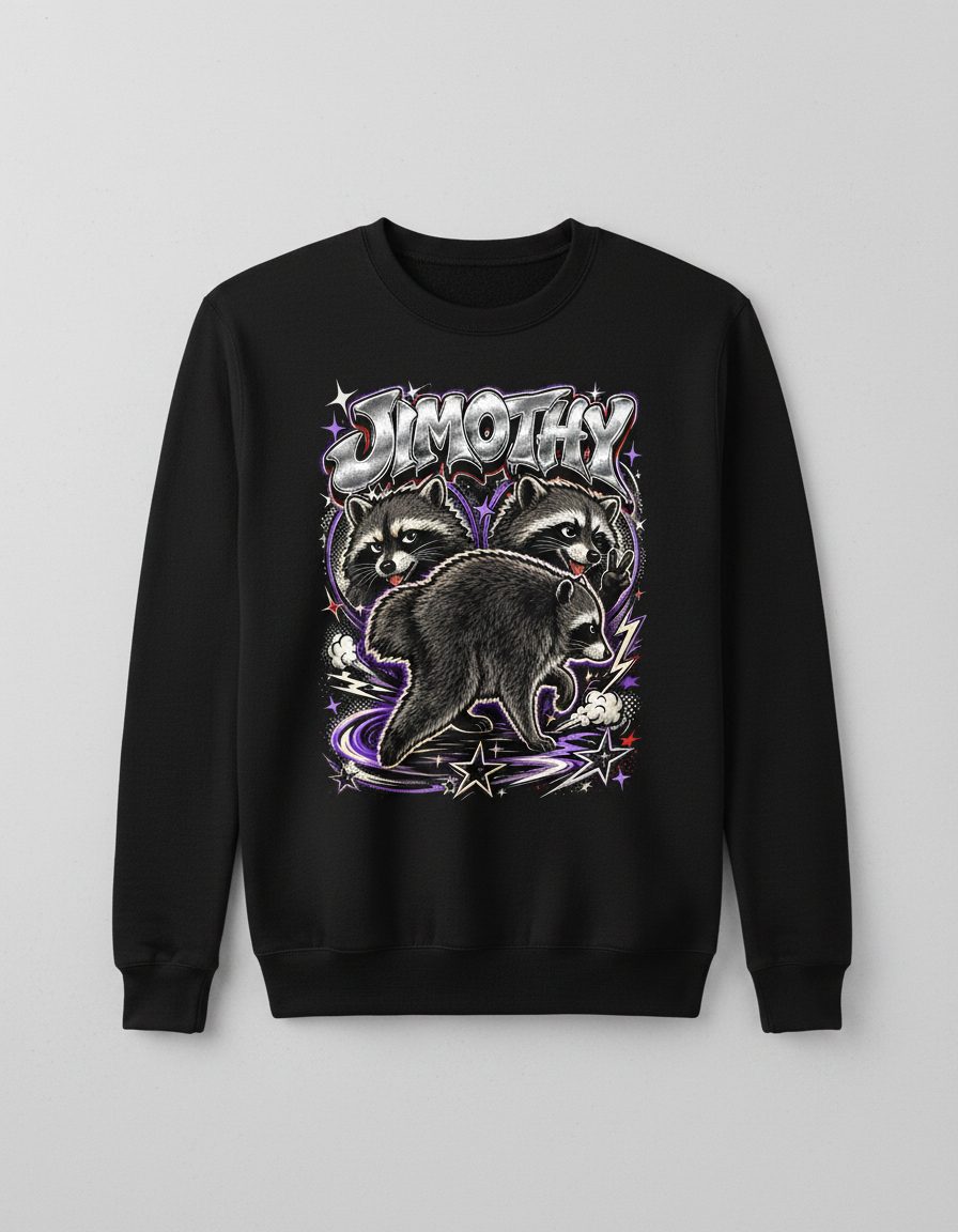 Jimothy Funny Raccoon Sweatshirt - product mockup - Black