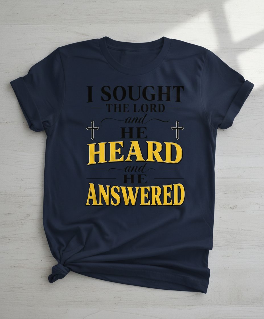 I SOUGHT THE LORD and HE HEARD and HE Answered Christian Faith T-Shirt - product mockup - Navy