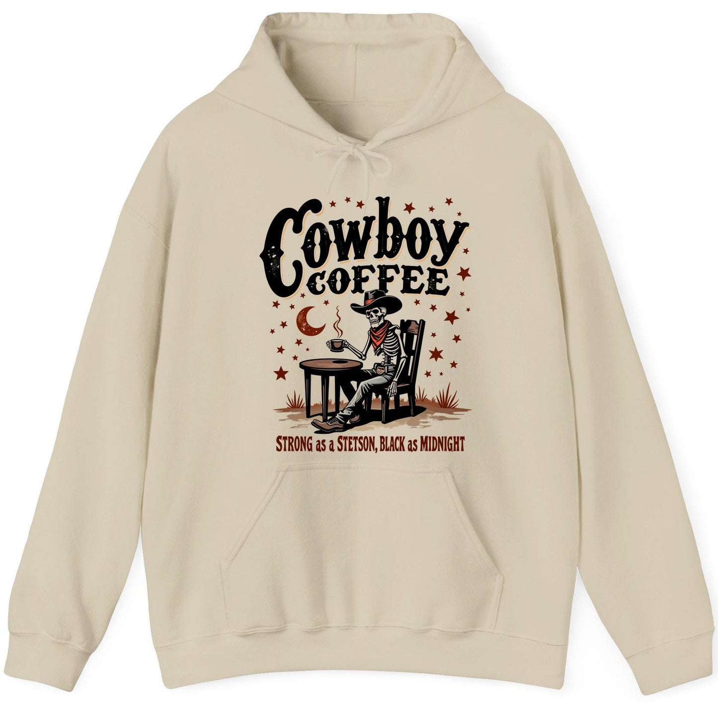 Cowboy Coffee Strong as a Stetson, Black as Midnight cowboy skeleton Hoodie Sand product mockup