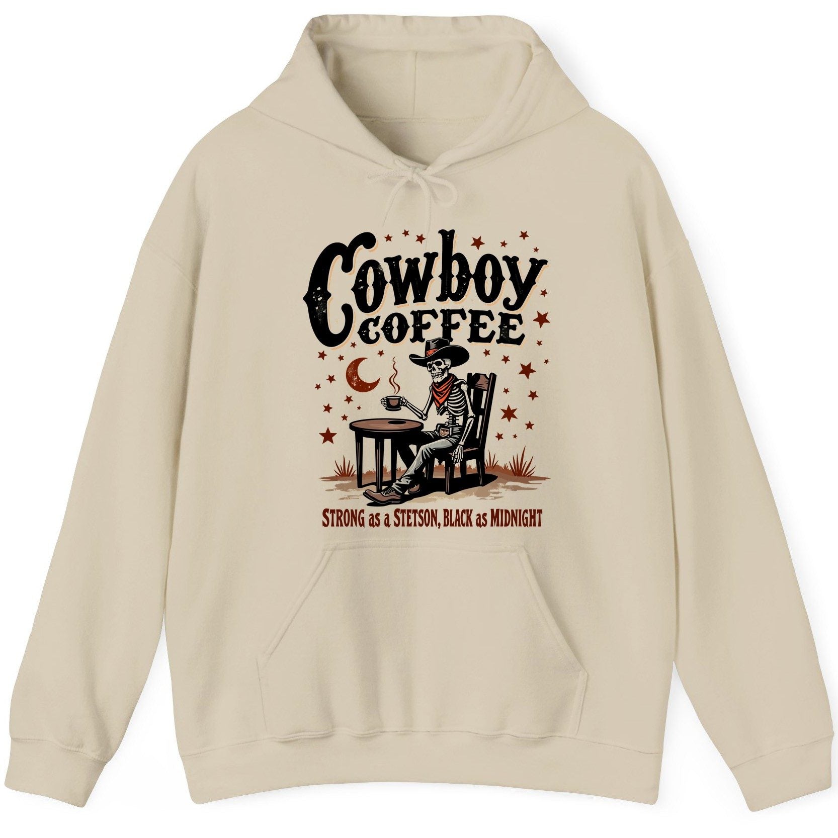 Cowboy Coffee Strong as a Stetson, Black as Midnight cowboy skeleton Hoodie Sand product mockup
