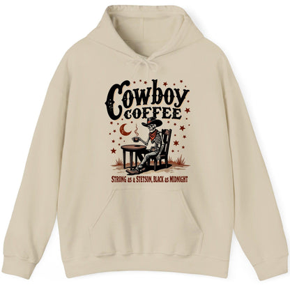 Cowboy Coffee Strong as a Stetson, Black as Midnight cowboy skeleton Hoodie Sand product mockup