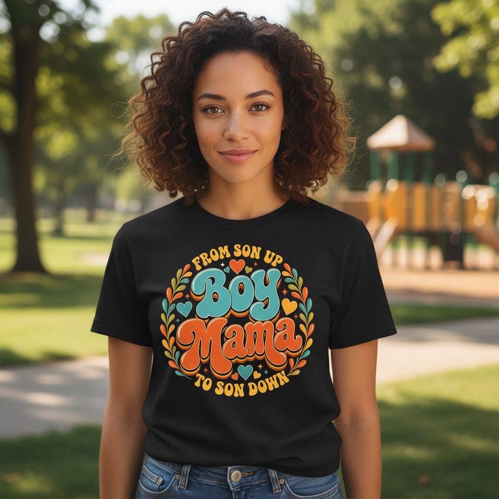 From Son Up to Son Down Boy Mama Retro Mothers of Sons T-Shirt - lifestyle model mockup - Black