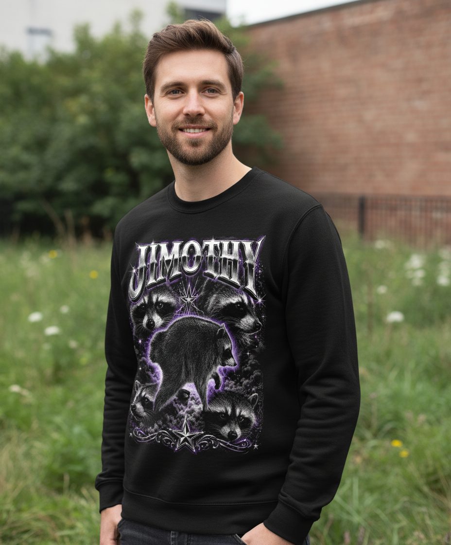 Jimothy Funny Raccoon Sweatshirt - lifestyle model mockup - Black