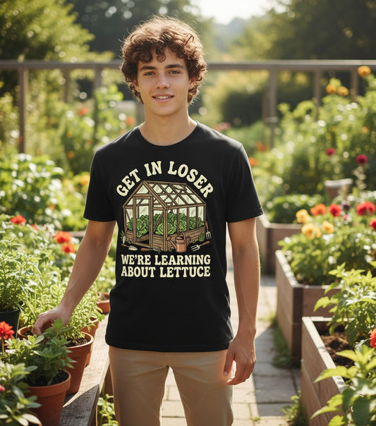 GET IN LOSER WE'RE Learning ABOUT Lettuce Youth T-Shirt - lifestyle model mockup - Black