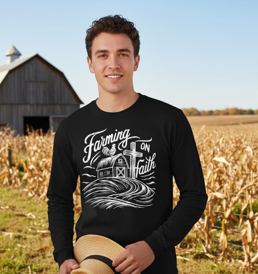 Farming on Faith christian farming Long Sleeve Tee Black lifestyle mockup