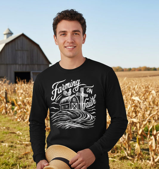 Farming on Faith christian farming Long Sleeve Tee Black lifestyle mockup