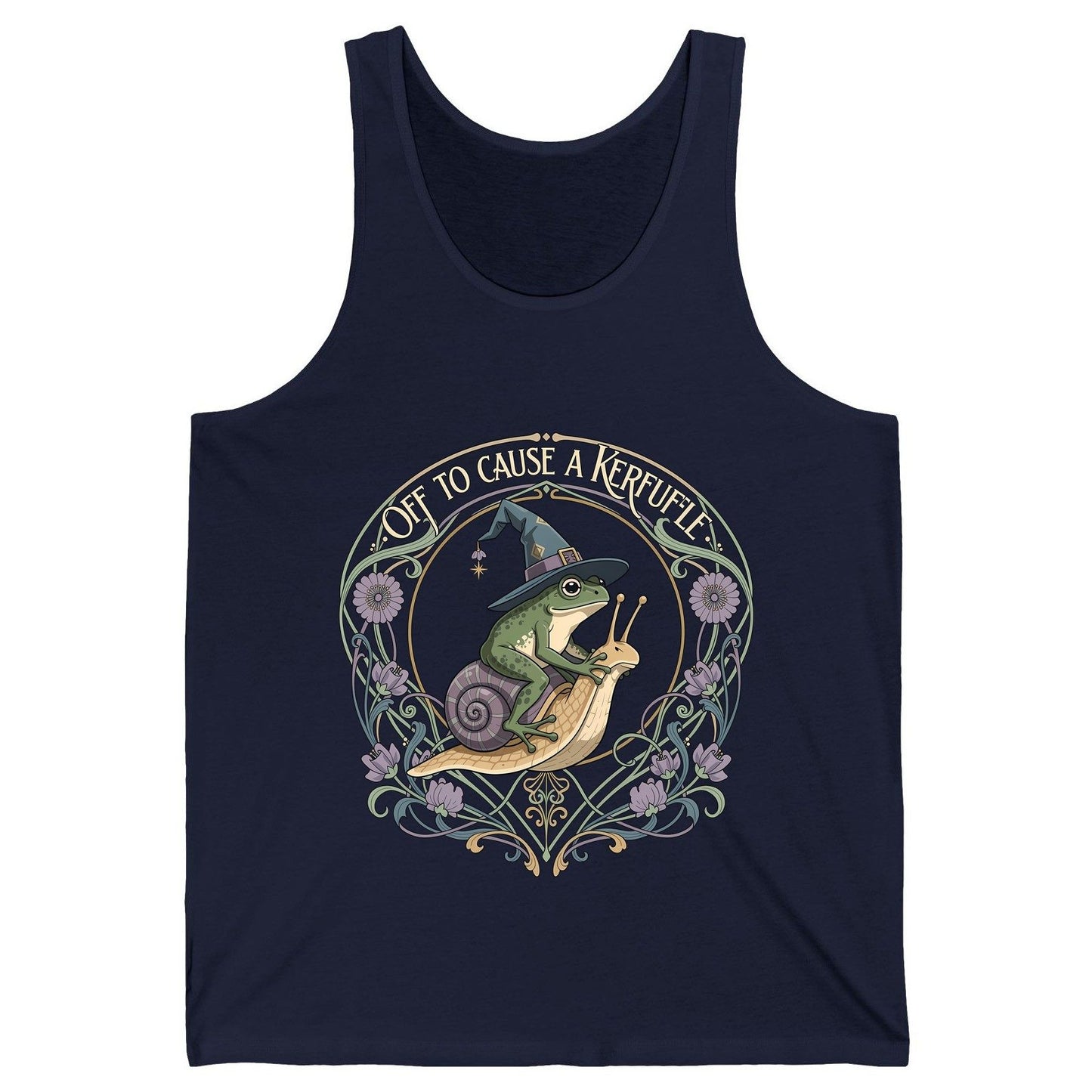 Off to Cause a Kerfuffle frog riding a snail Tank Top Navy product mockup