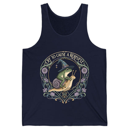 Off to Cause a Kerfuffle frog riding a snail Tank Top Navy product mockup