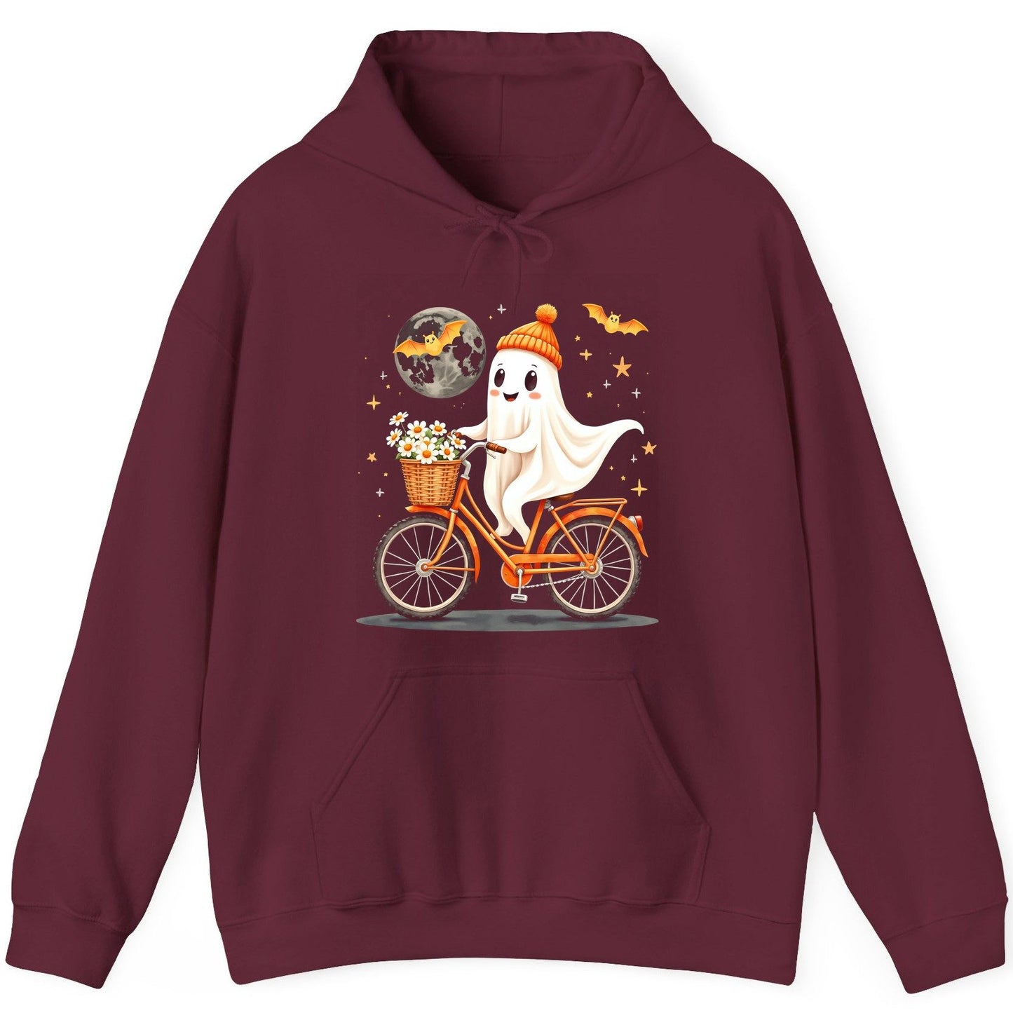 Cute Ghost on Bicycle cute ghost Hoodie Maroon product mockup