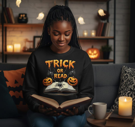 Trick or Read Halloween reading Sweatshirt Black lifestyle mockup